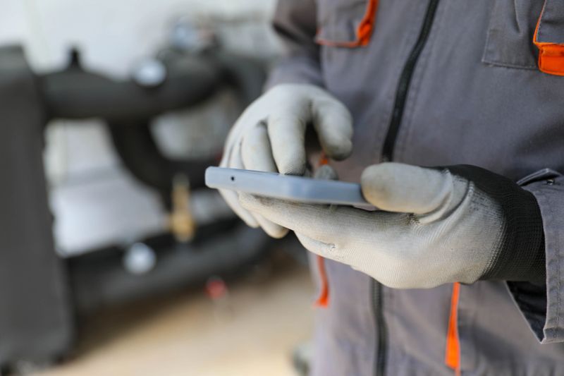 Close-Up of Technician Wearing Protective Gloves and Gray Work Uniform Using Smartphone While Performing Maintenance in Industrial Environment. Concept Depicts Modern Technology in Technical Work, Remote Diagnostics, and Digital Assistance in Engineering Tasks.