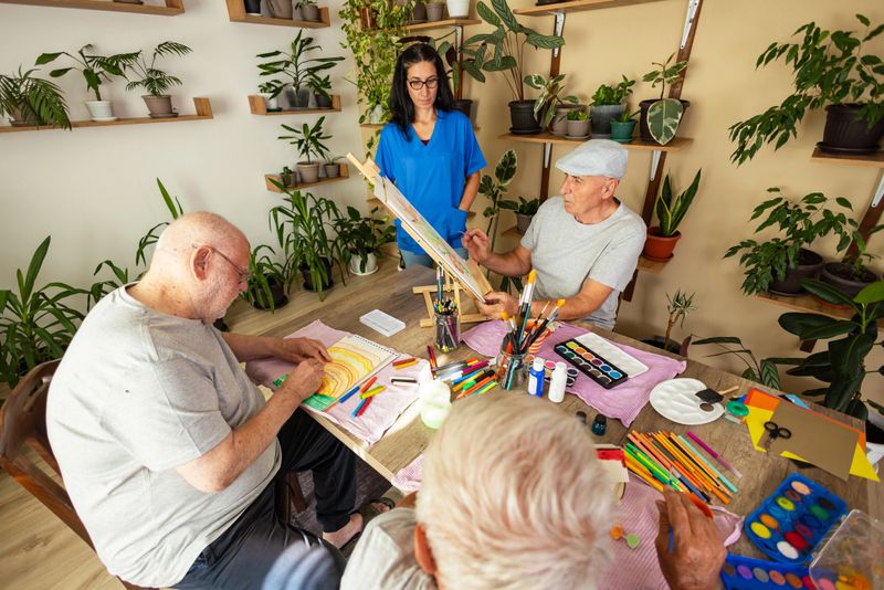Group of seniors enjoying creative time and friendship indoors.