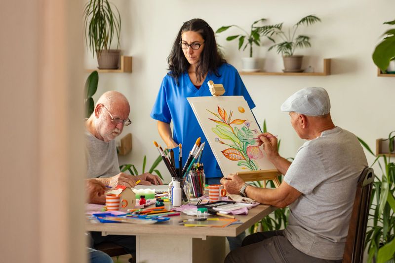 Group of seniors enjoying creative time and friendship indoors.