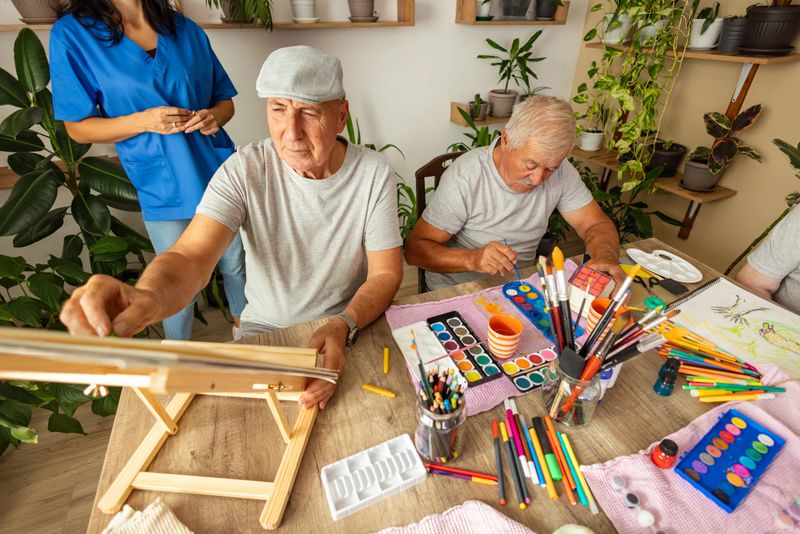 A cheerful caregiver stands beside an elderly man drawing on an easel, highlighting supportive art therapy for seniors in a sunny, plant-filled environment.