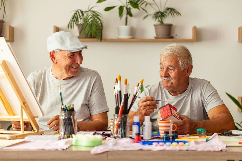 Two cheerful senior men smiling at each other while enjoying a creative art and craft session together.