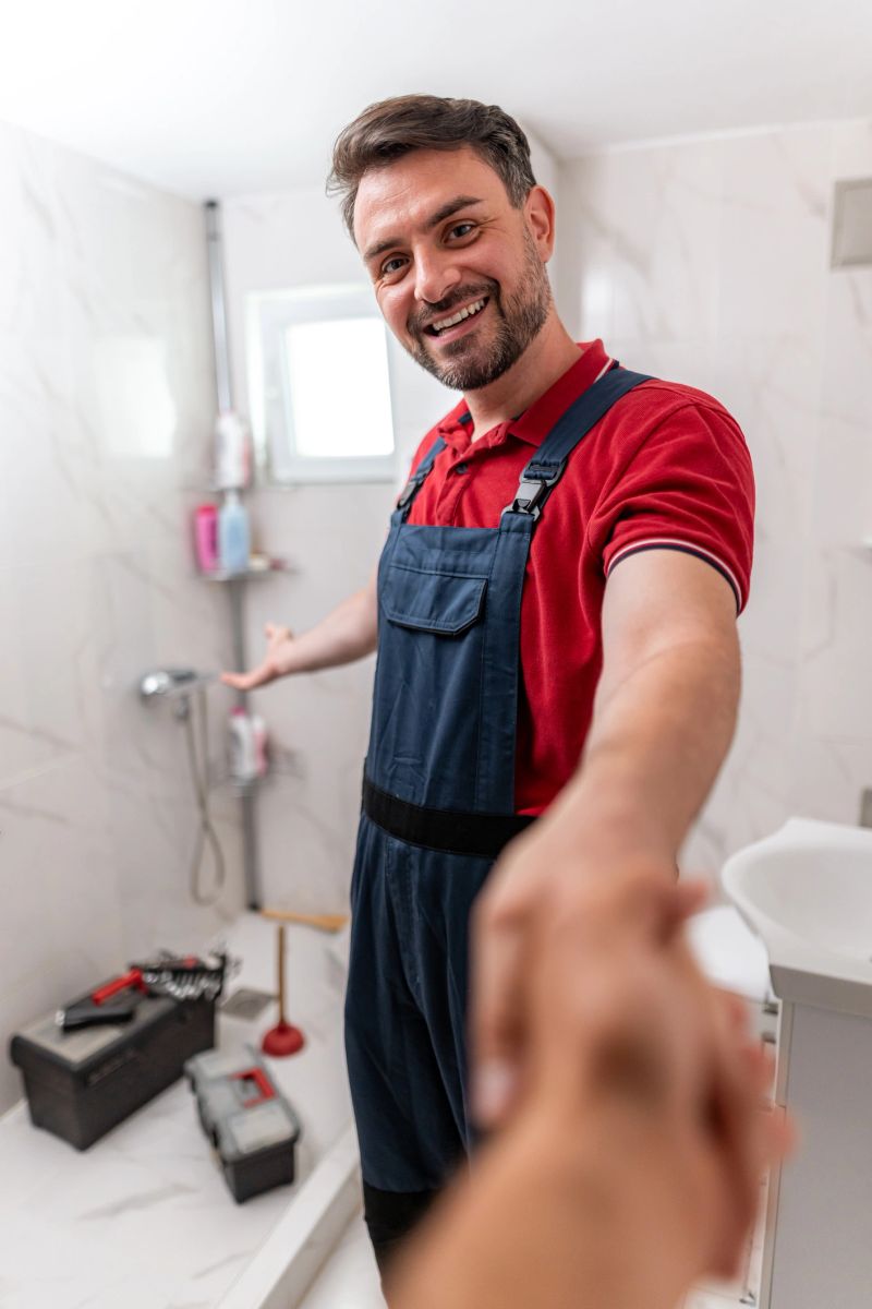 A happy plumber stands in a renovated bathroom, proudly gesturing towards his work with tools nearby.