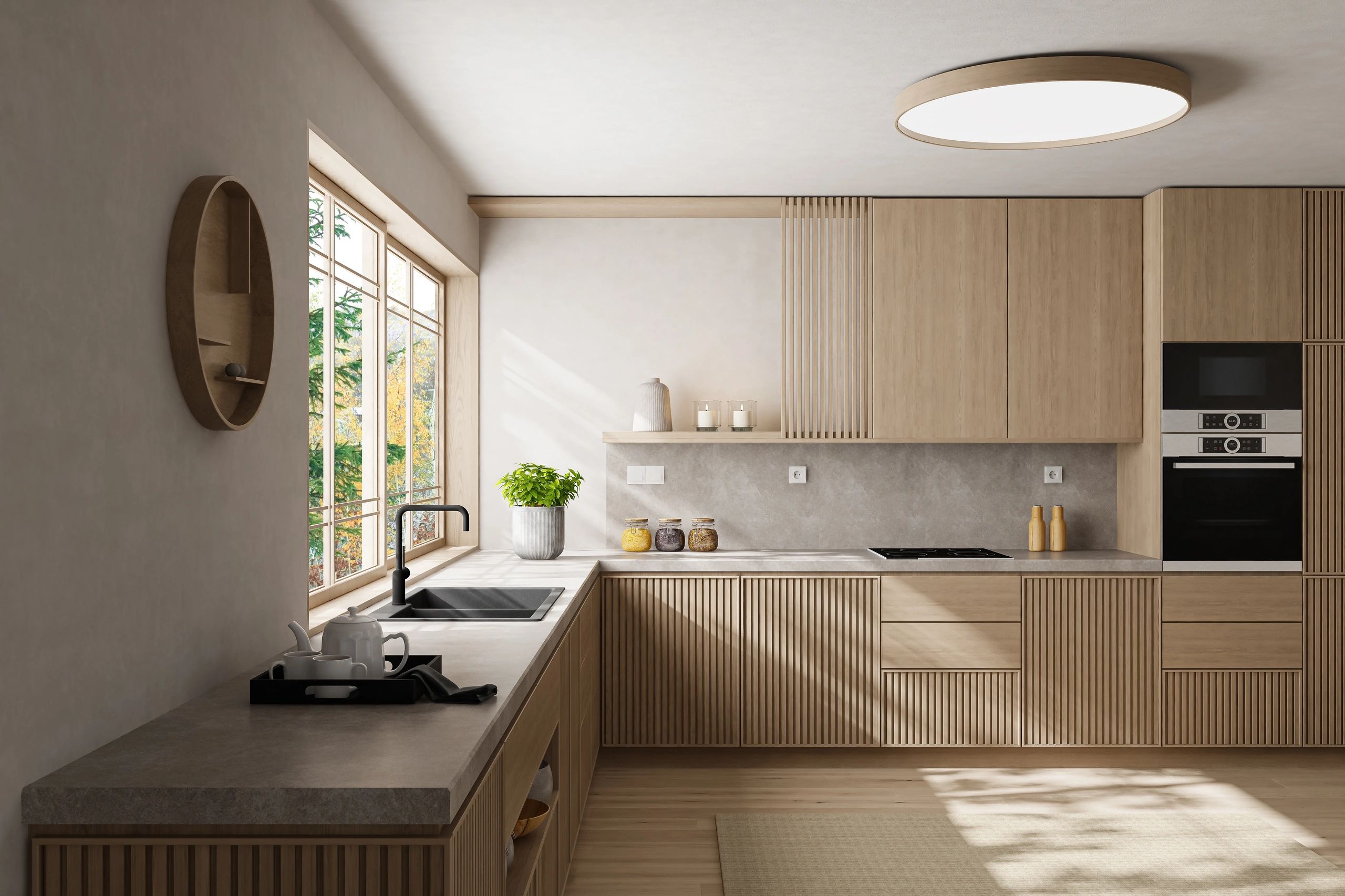 Modern kitchen with wooden cabinets and large window letting in natural light.