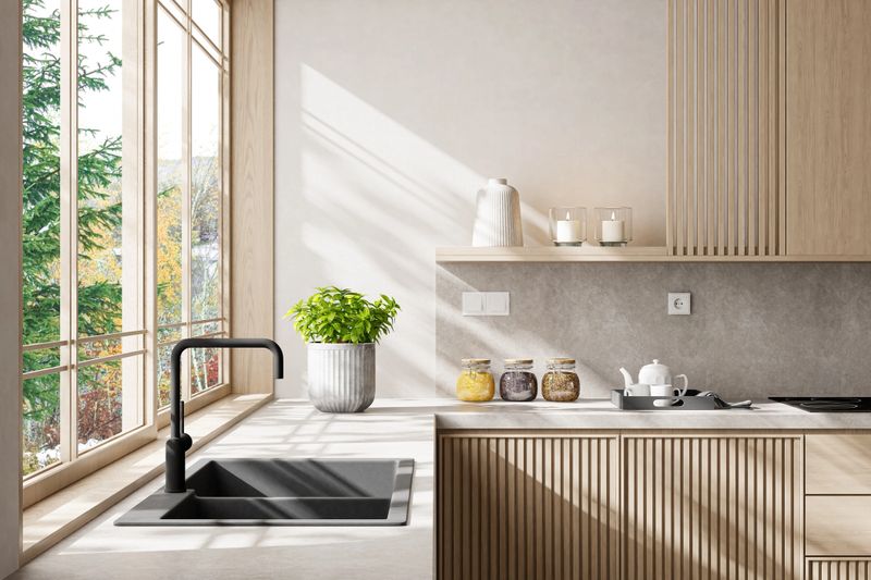 Minimalist kitchen interior in Japandi Scandinavian style featuring matte pine wood cabinetry with vertical grooves, soft gray counter-top, and a clean open layout. Natural light from large windows enhances the warm textures and serene atmosphere, ideal for countryside villas, penthouses, or modern apartment renovations. Perfect for real estate presentations, interior design portfolios, or lifestyle visuals focused on calm functionality and organic material harmony.