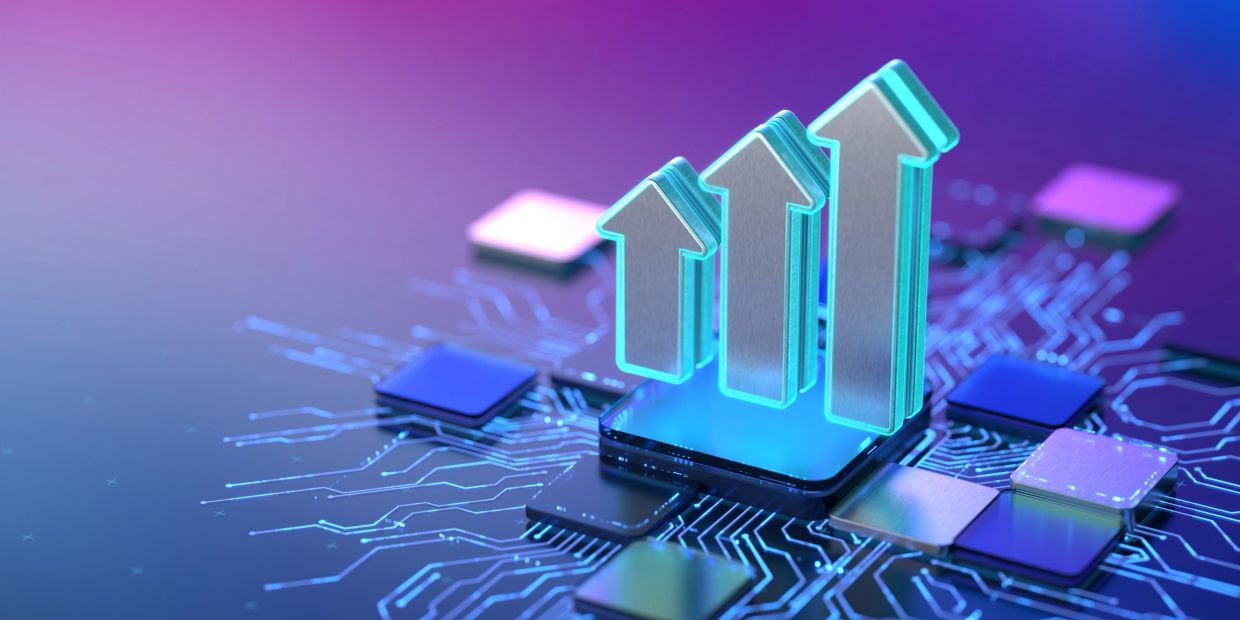 3D upward arrow graph on a microchip.