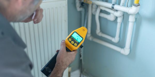 Technician using a gas leak detector near pipes.