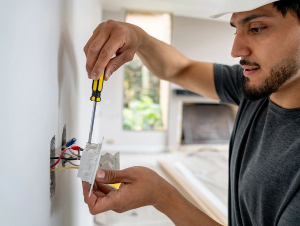 An electrician installing a wall outlet