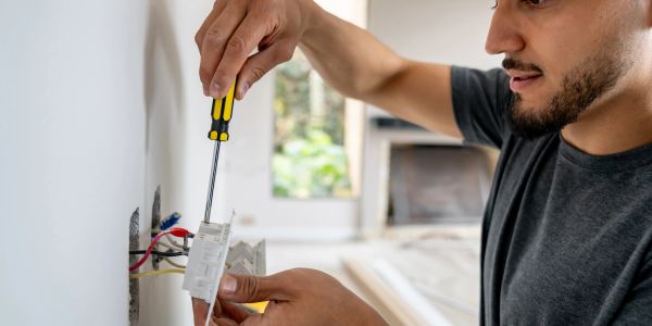 Man installing or repairing an electrical outlet.
