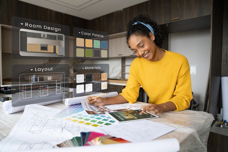 Happy African American interior designer remodeling a kitchen and using interactive screens to choose decor options while working
