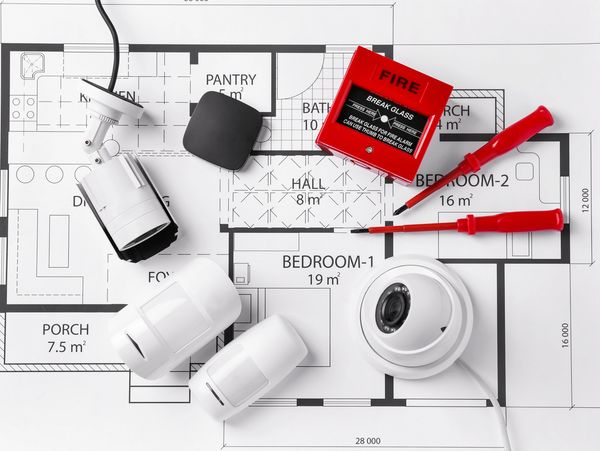 Security devices and tools on a house floor plan for installation.