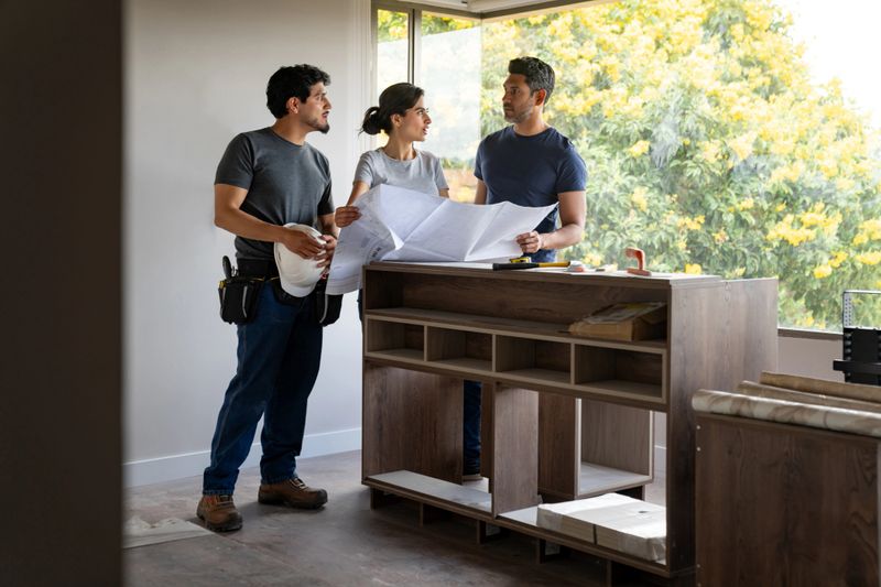 Latin American couple remodeling their house and looking at a blueprint with a building contractor while discussing ideas