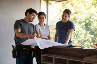 Three people reviewing blueprints indoors.