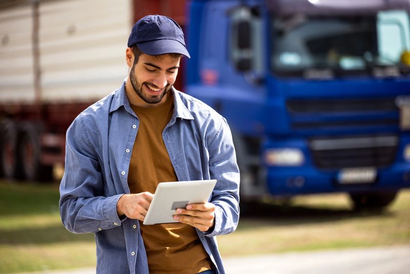 Truck driver holds tablet while standing in front of truck, concept of modern logistics, transport, digital technology, professional driver, cargo service.