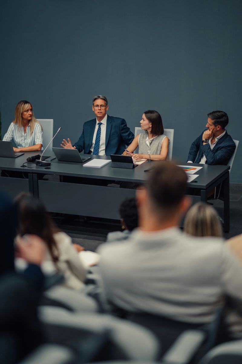Business leaders presenting to an audience at a corporate meeting, sharing insights and discussing strategies