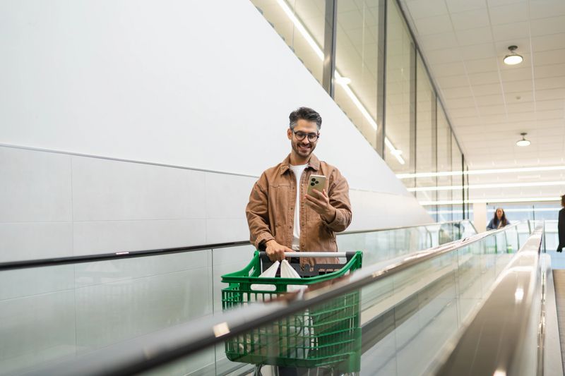 Young man with a smile on his face is using his phone while pushing a shopping cart on a ramped conveyor belt at the mall