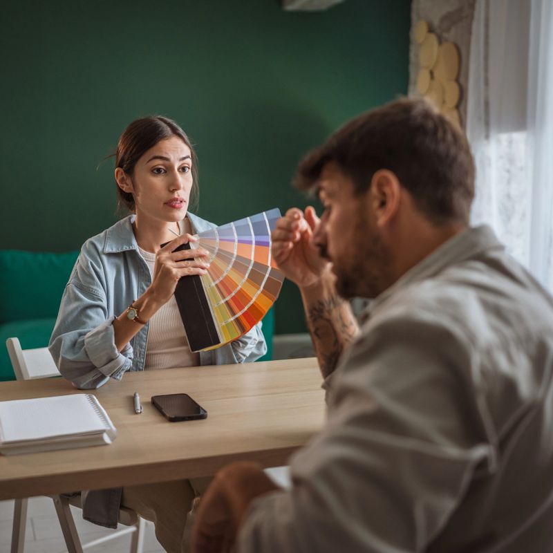 Female interior designer meeting with a male client, discussing color choices from a swatch book for a home renovation project, planning the new space