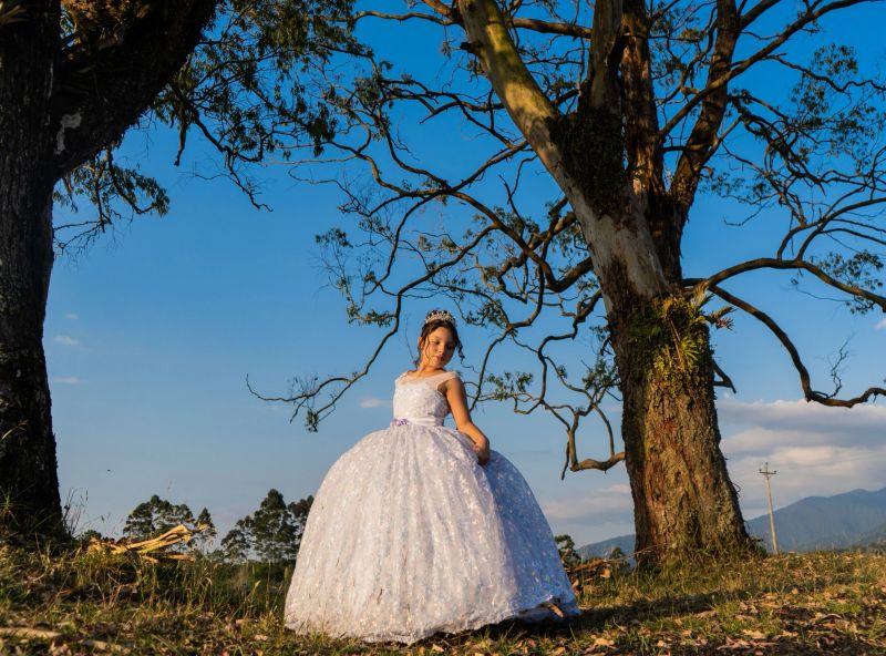 Portrait of a young woman wearing an elegant white quinceañera dress with sparkling details and a tiara, posing in a natural setting among trees and blue skies at sunset.