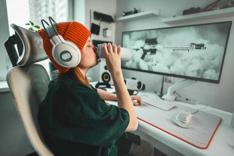 Young gamer girl wearing vibrant orange cap and white headphones sits in stylish gaming chair, sipping drink while immersed in PC gaming session. Modern desk setup creating cozy atmosphere worcspace.