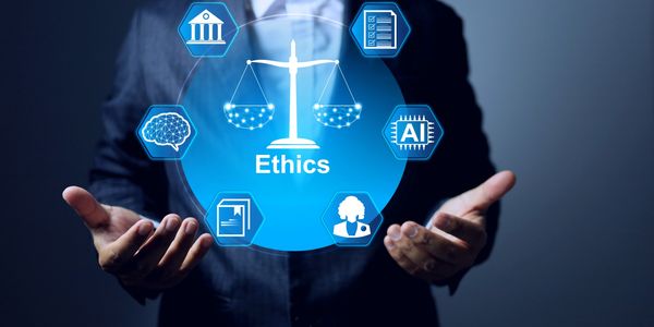 Businessman holding a digital ethics concept with icons.