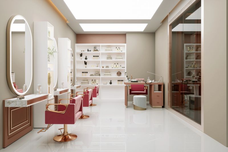 Modern luxury beauty salon interior with elegant pink chairs, marble counters, and soft lighting