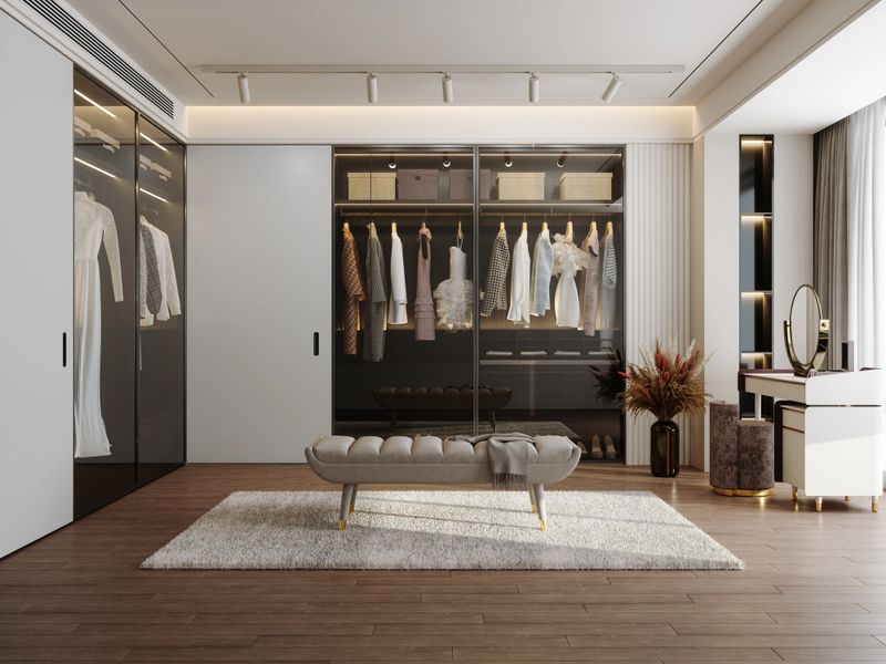 Luxury Modern Dressing Room Interior with Walk-In Closet, Elegant Wardrobe, and Stylish Vanity Area