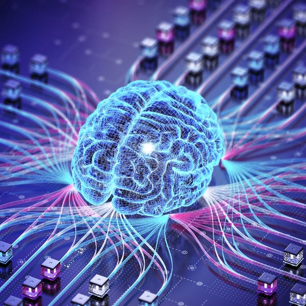 Digital brain connected to multiple data nodes with vibrant lines.