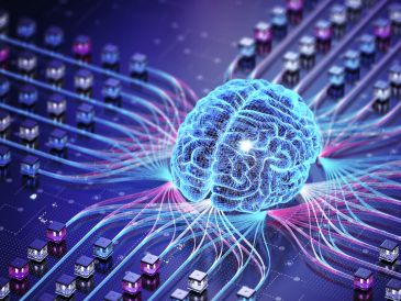 Digital brain connected to a network of nodes.