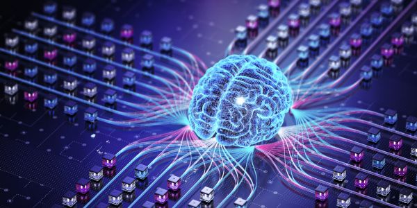 Digital brain connected to a network of data nodes.