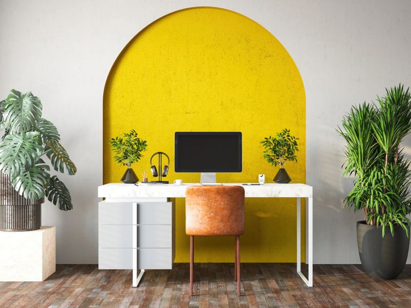 Creative Home Office With Yellow Arch and Green Plants. 3D Render
