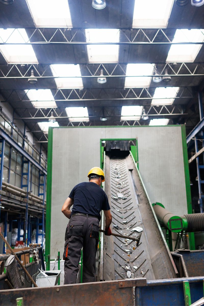 Worker wearing a yellow safety helmet operating a conveyor belt inside a modern recycling facility, ensuring materials move smoothly through the process