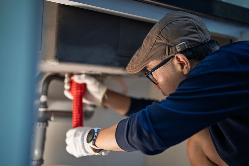 Mid adult Asian man wearing gloves repairing a kitchen sink pipe with a wrench, showing authentic daily household responsibilities and modern lifestyles.