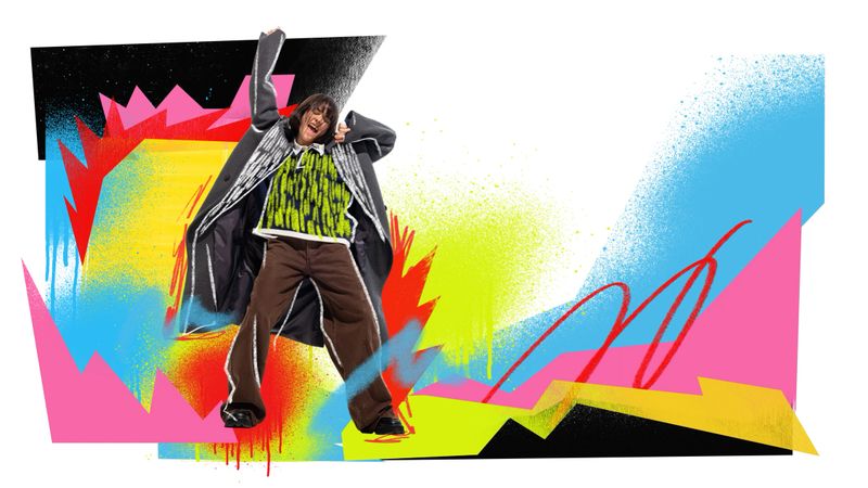 Bright collage. Girl in oversized coat jumping with bright graffiti art background. Concept of youth freedom, street art culture, bold creativity, and urban lifestyle with expressive joy.