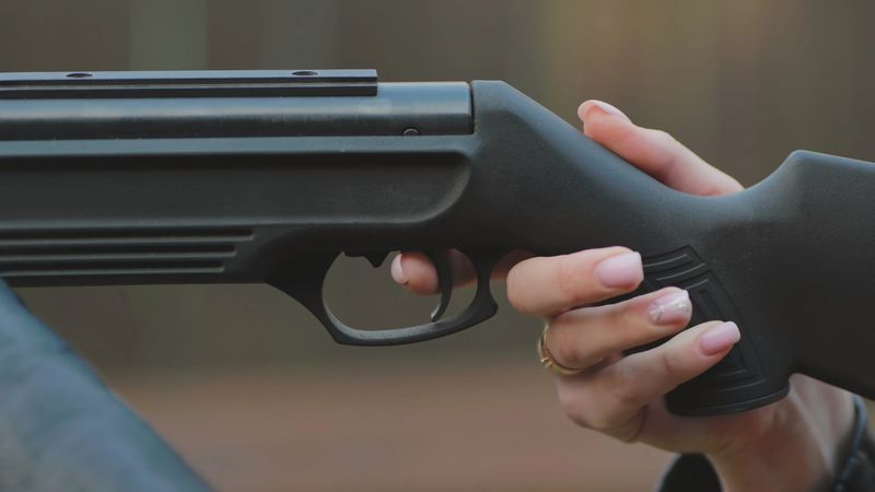The girl is shooting from an air gun. Close-up of her hands