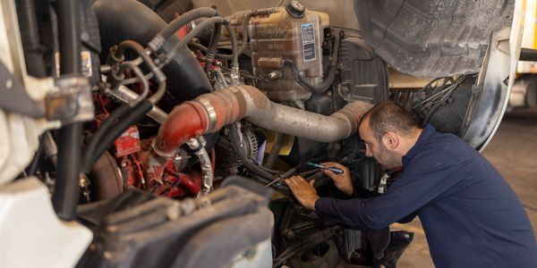 Mechanic inspecting a truck engine closely with a flashlight.