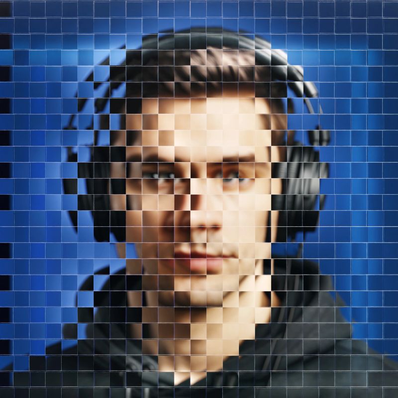 Virtual identity in the metaverse: one avatar is being digitally formed of a male DJ. A CGI 3D  head is seen through modelled faceted glass material.