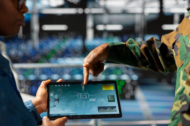 Military technician reviewing tactical dashboard on tablet screen in server hub, standing on industrial platform. Army expert using strategic communications and infrastructure software systems.