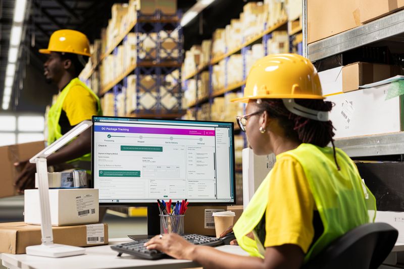 African american warehouse clerk overseeing package tracking route to update tracking info in real time on computer software, working with hi vis vest and helmet in the fulfillment center.