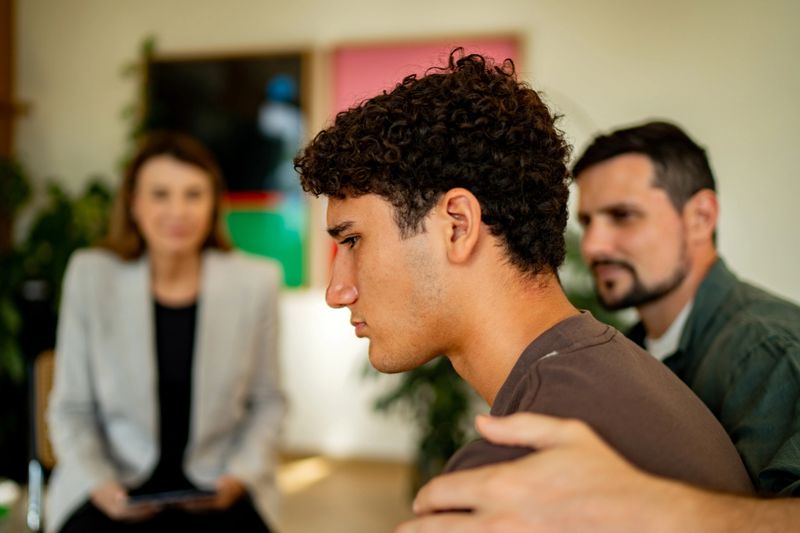 Teenage boy being comforted by father during psychotherapy session