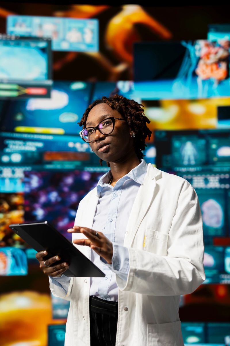 Healthcare professional using device, reviewing CT scans and MRI data analytics displayed on videowall. Scientist in medical research lab visualizing health data on futuristic panels using tablet app