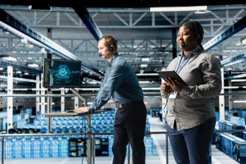 Team of data center IT professionals assisting users with AI troubleshooting, delivering technical support. Server farm colleagues chatting in headset microphone with users in need of assistance