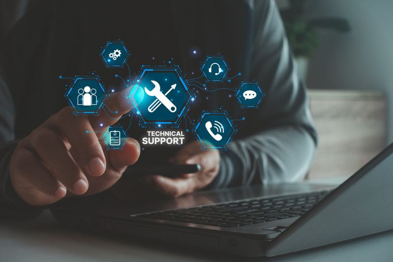 Modern technical support concept with digital icons for IT service, helpdesk, remote work, online communication and customer assistance, showing innovative technology solutions for business and users.