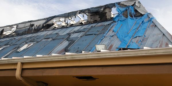 Roof with fire damage covered by a blue tarp.
