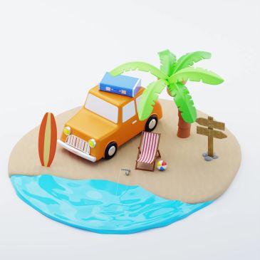 A toy car on a small beach with a palm tree and surfboard.