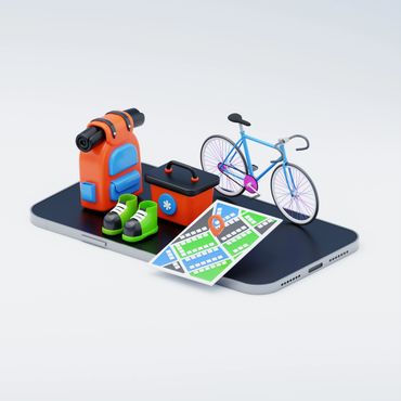 A smartphone displaying biking essentials like a water bottle, shoes, first aid kit, bike, and a map.