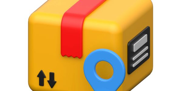 A yellow package with a red strap and a blue location pin icon.