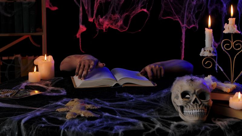 A scary zombie hand flips through a book. A mysterious dark room with burning candles, a skull on the table, and creepy cobwebs. Suitable for Halloween themes and holiday media publications.