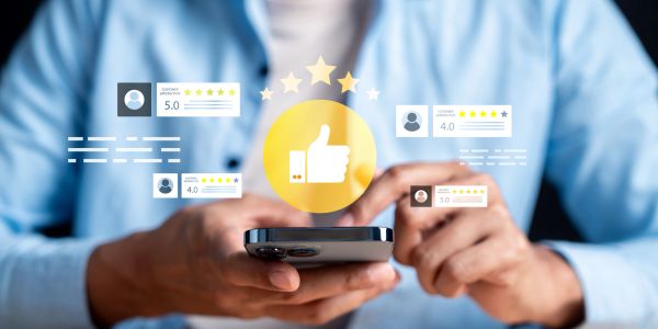 Person holding a smartphone with floating rating icons around.
