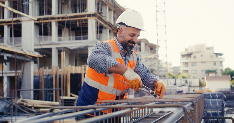 Construction master wiring steel reinforcement cage for columns at construction site