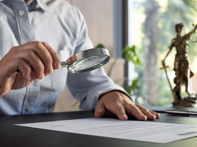 Person examining a document with a magnifying glass at a desk.