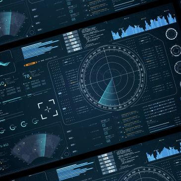 Futuristic digital radar and data monitoring interface with multiple charts.